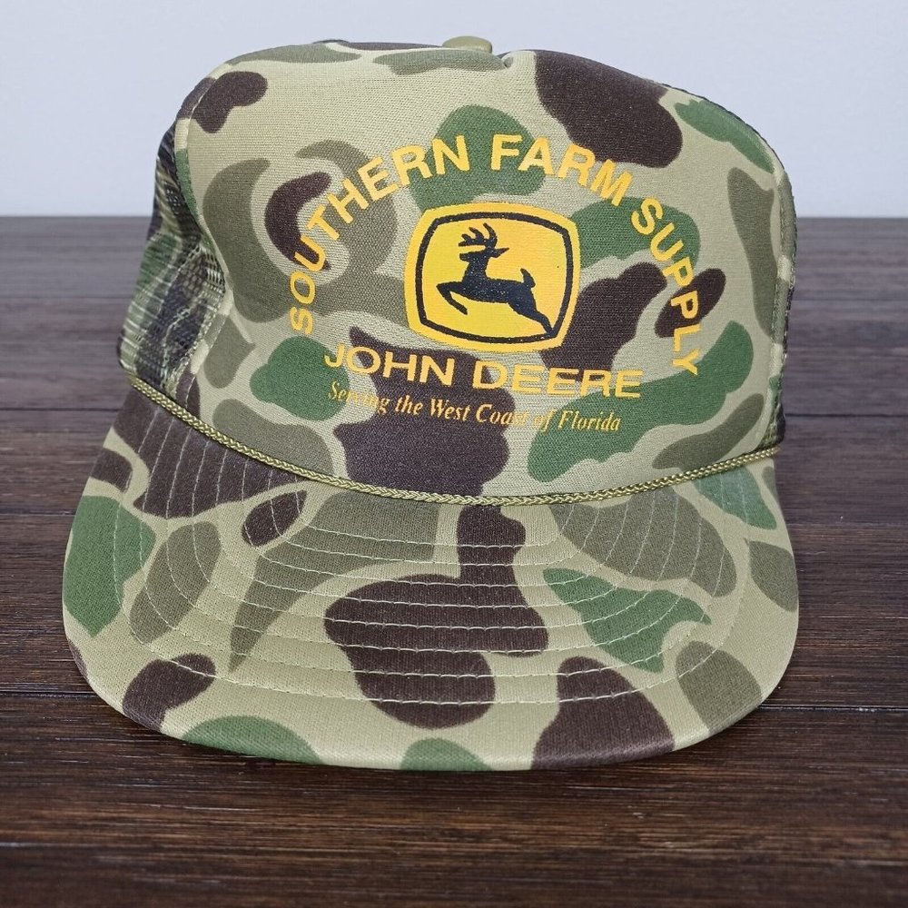 Vintage John Deere Camo Rope Trucker Hat Southern Farm Supply Great Condition